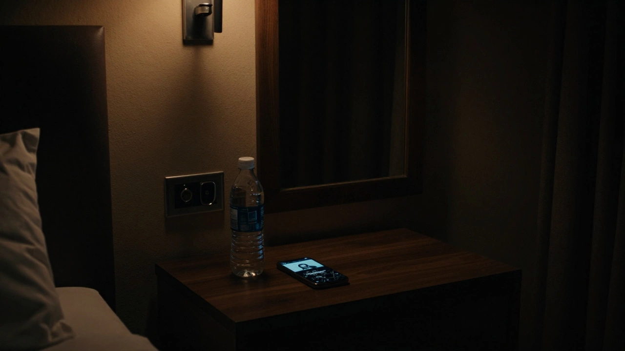 An empty Dubai hotel room at night with a cracked phone displaying a fake ad and surveillance reflections in the mirror.