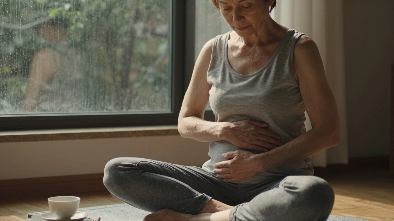 An older woman sitting peacefully on a sunlit floor, hand resting on her abdomen, tracing a scar with calm awareness.