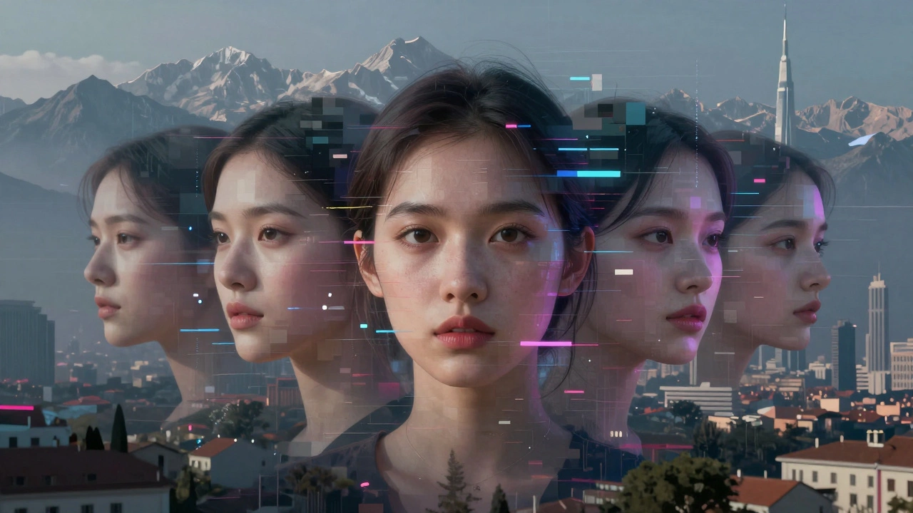 Floating AI-generated faces dissolving into pixels, with faint outlines of Grenoble and Dubai skylines in the background.