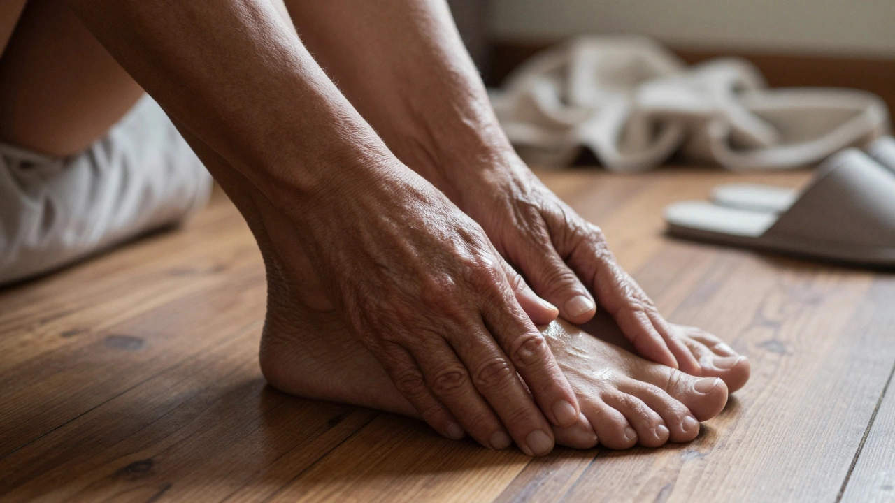 Weathered hands massaging bare feet on a wooden floor, morning light catching the skin&#039;s texture.